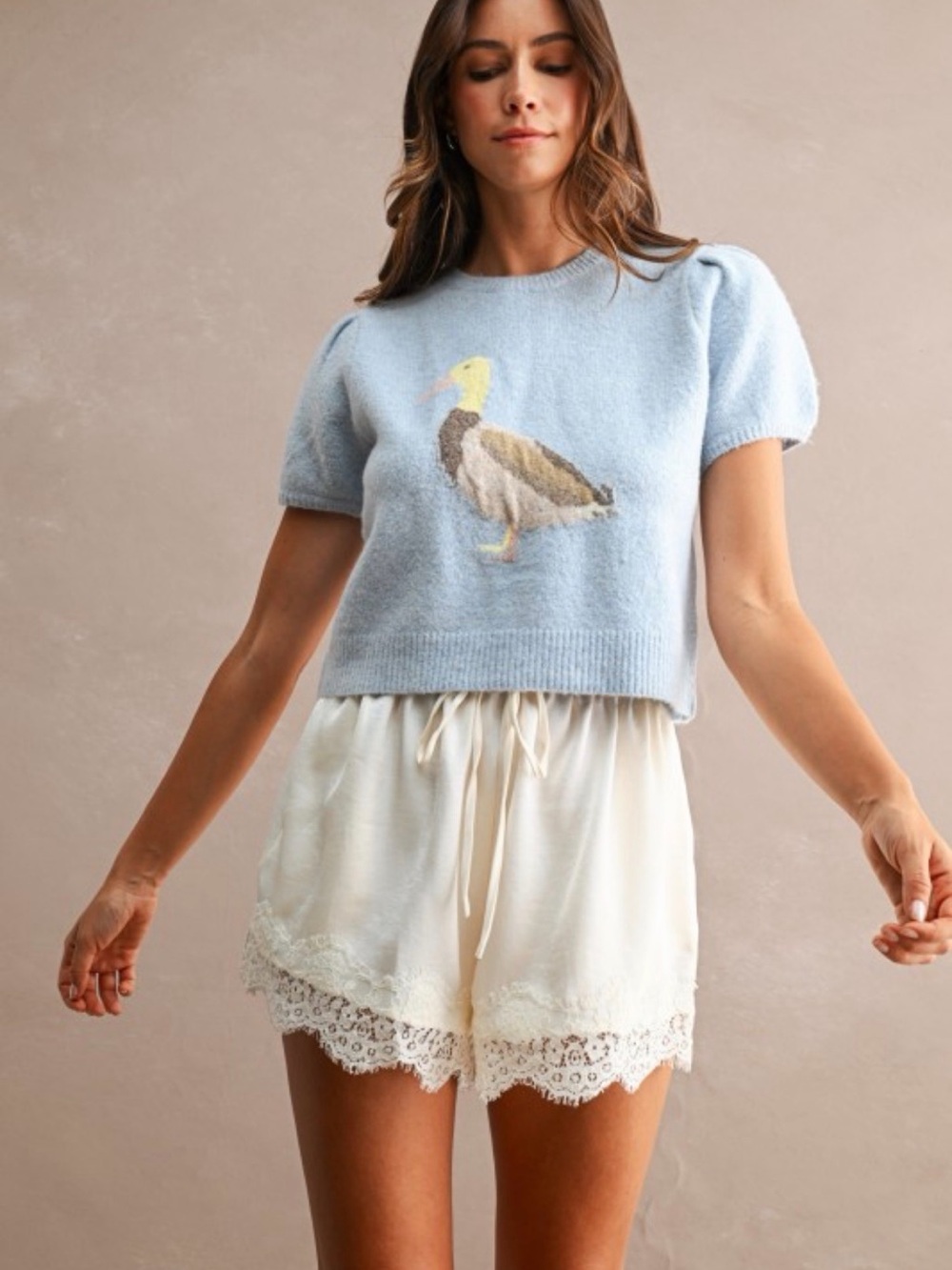 A726. Mable Cream Lace Trim Drawstring Shorts